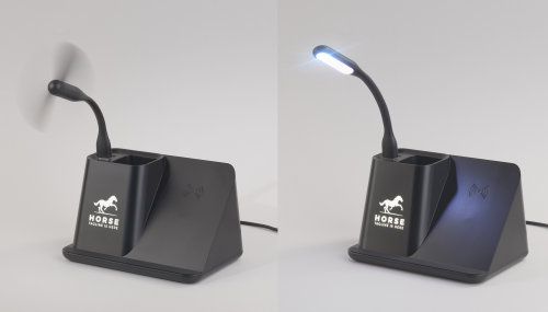 Карандашница "Black Star" с беспроводным (10W) зарядным устройством, вентилятором и лампой, с подсветкой логотипа, черный